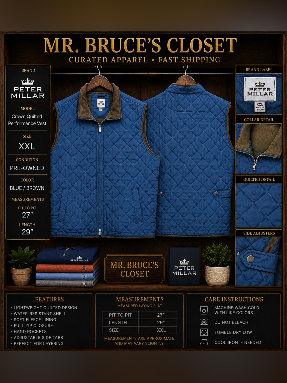 Peter Millar Blue Quilted Performance Vest with Brown Trim